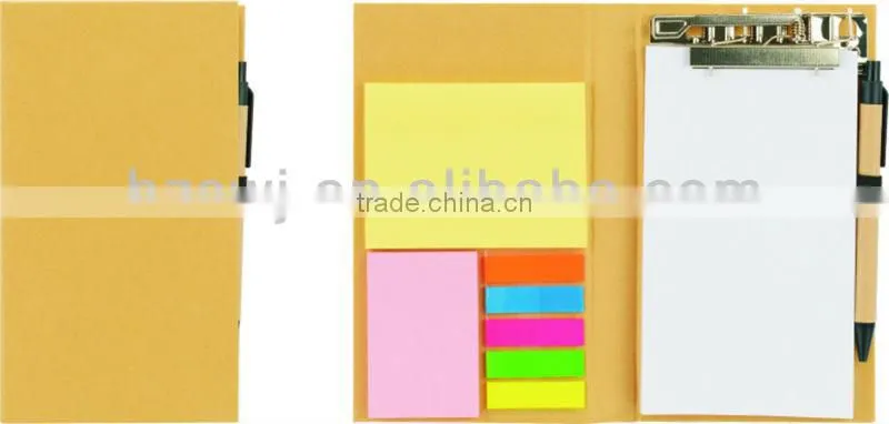 Kraft cover recycled notebook with sticky notes&flags with pinchcock 70grams 40sheets 19.5*11cm