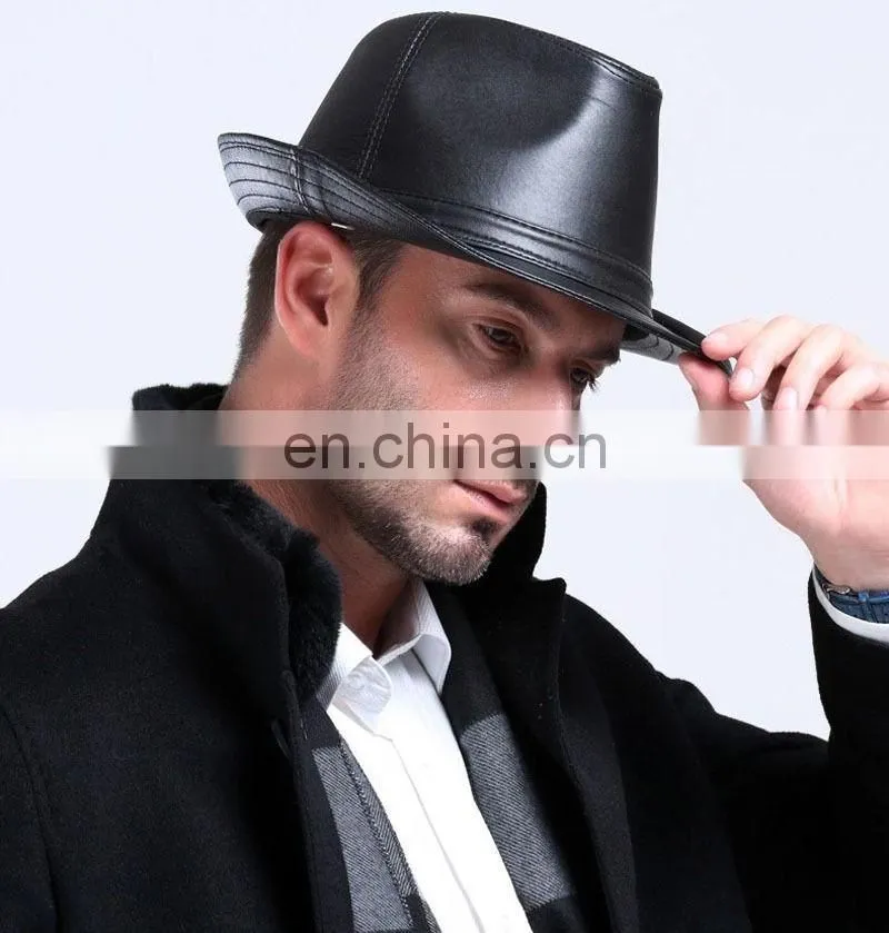 Gentleman fashion leather bucket/fedora cap/ hat in black