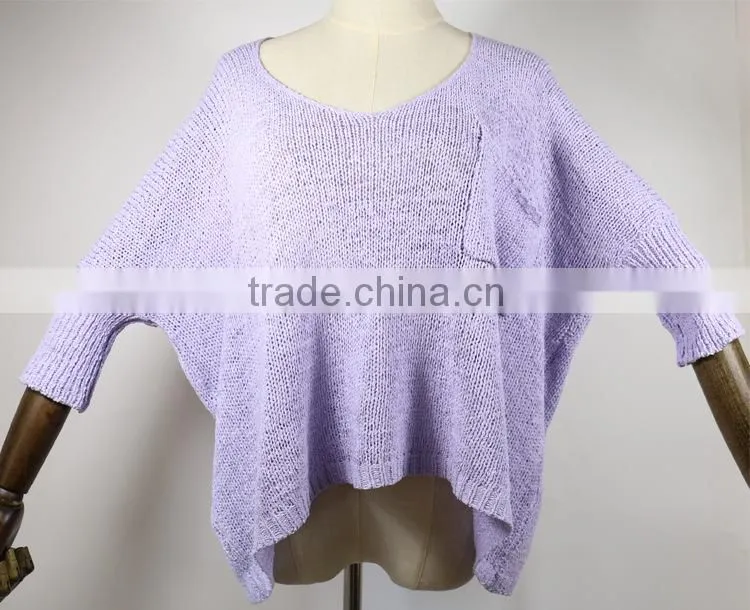 lady summer low round neck pullover sweater female bat sleeve hollow loose sweater