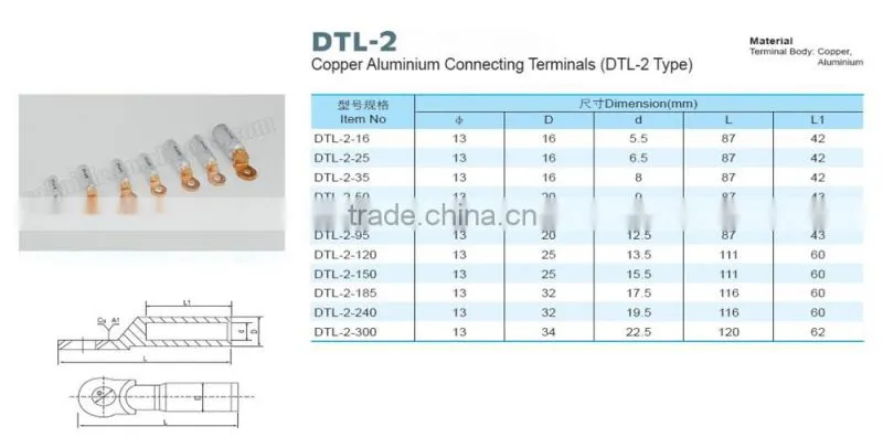 high quality DTL Cable Lugs copper aluminium bimetal connecting terminal