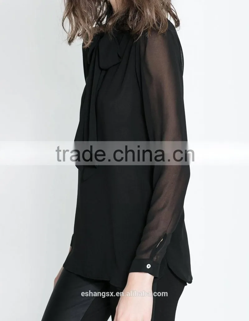 Ladies chiffon sheer pure black shirts