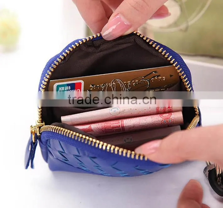 Women mini faux leather zipper coin bag with keyring