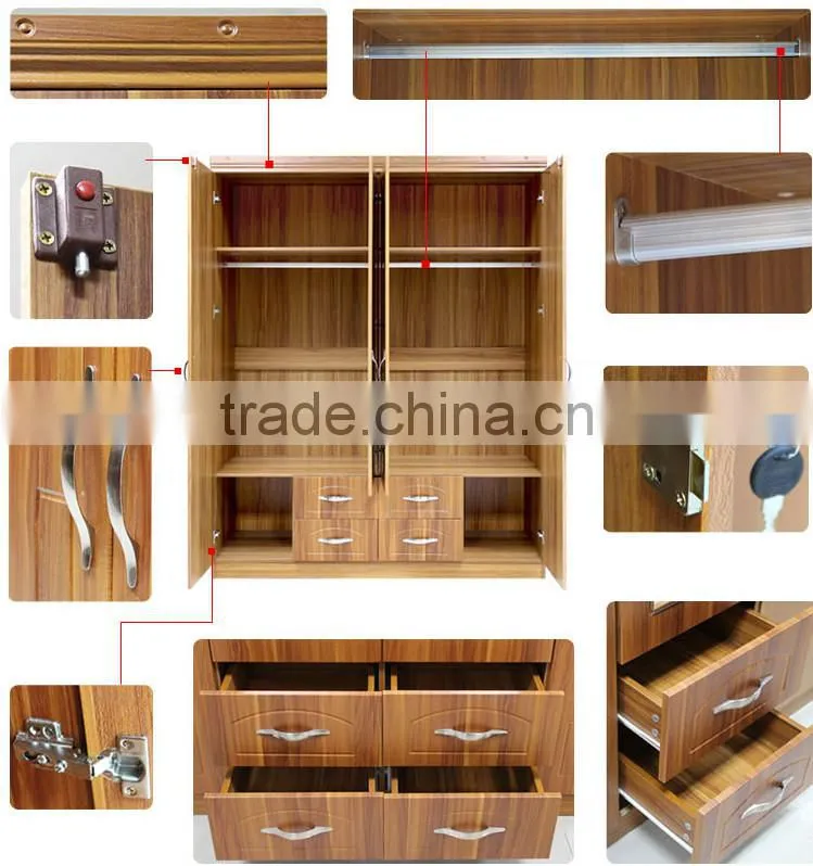W984-48 simple wardrobe designs, wooden wardrobe with mirror, wooden four door wardrobe