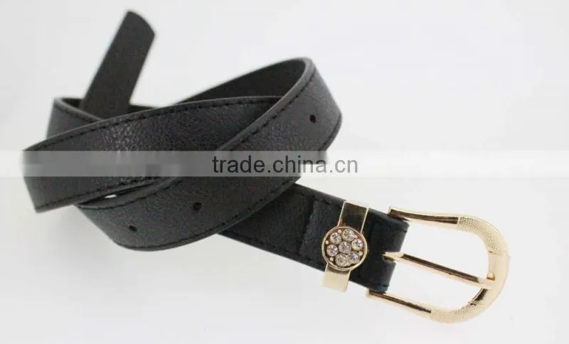 Women's Plain black PU leather belt with rhinestone ring in YiWu
