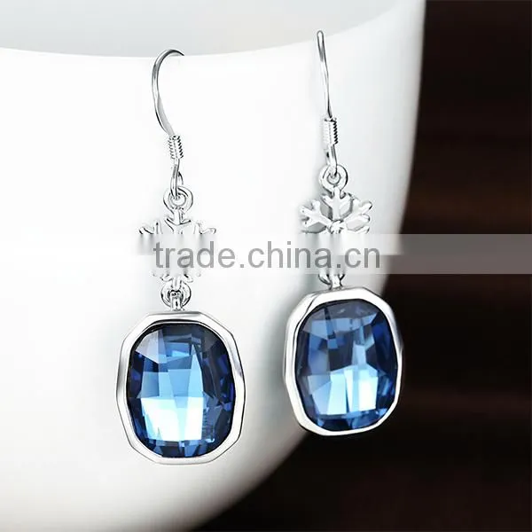 2014 new design 925 silver colorful glass jewelry drop earrings,glass double facted cut cushion earrings