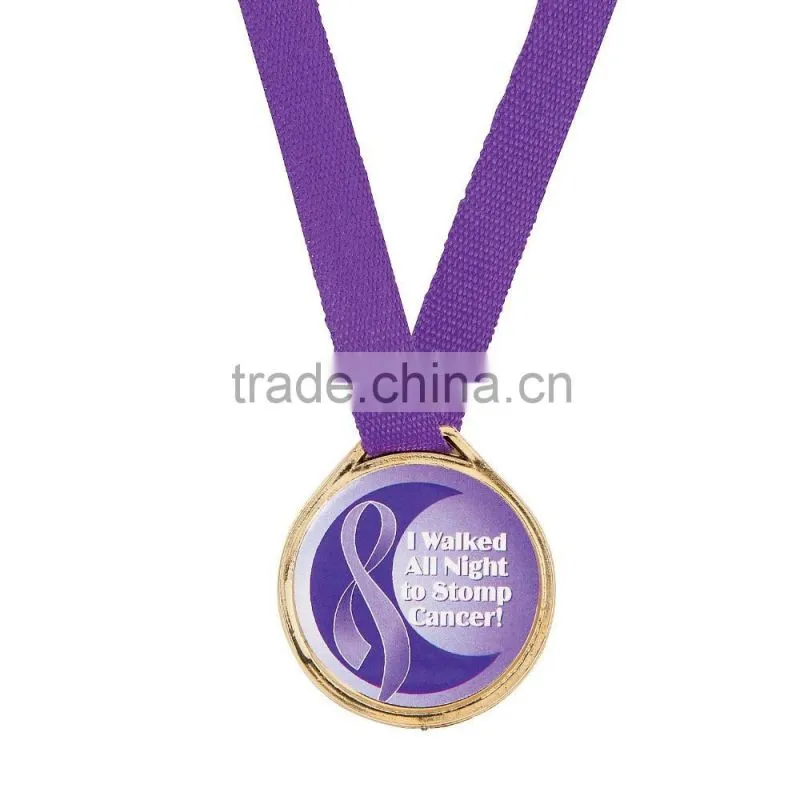High Quality Promotional Souvenirs Plastic Gold Award Medals with Custom Purple Awareness Ribbon Design Sticker Label