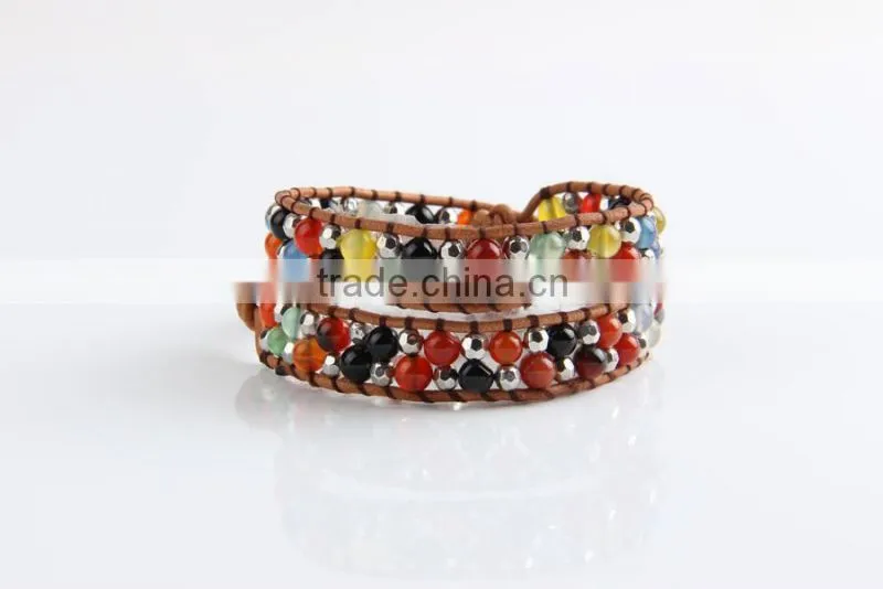 Pure manual discus agate bracelet around two laps leather bracelet Grey leather bracelet