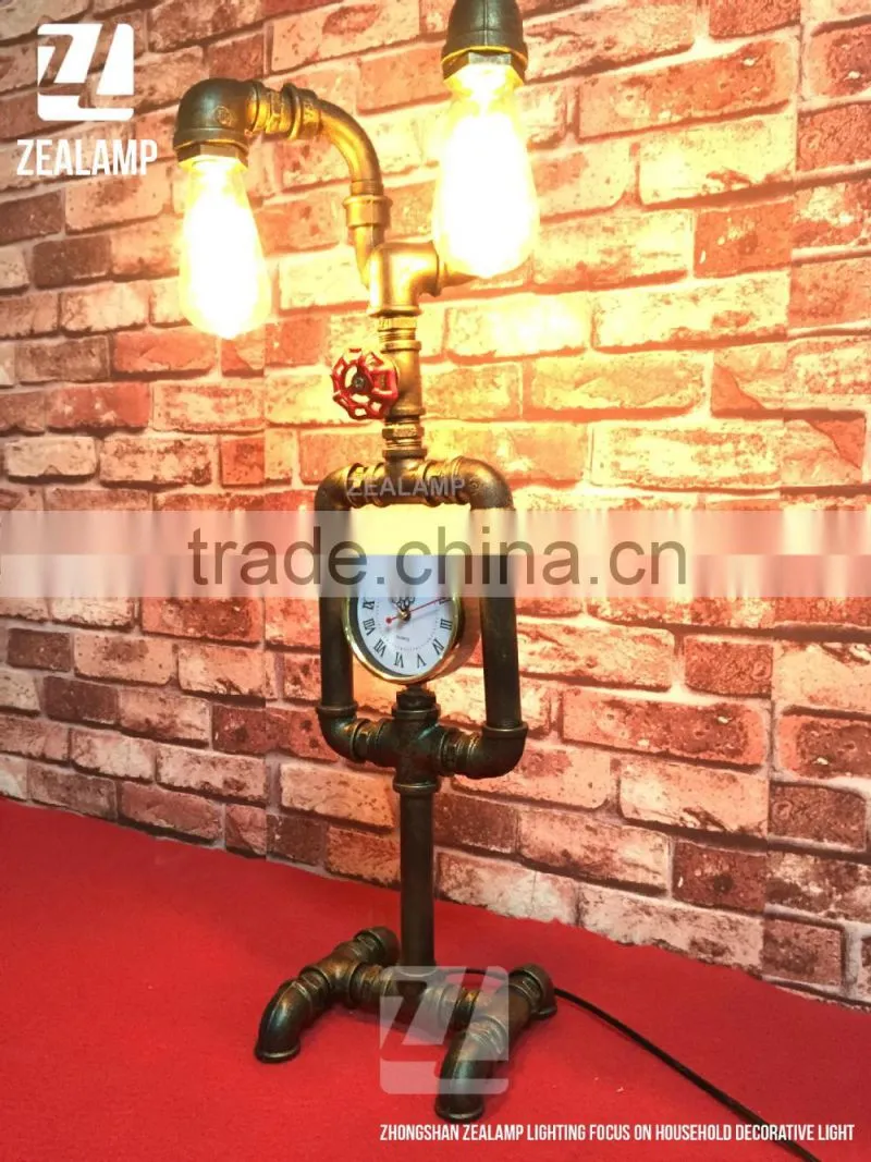 Industrial Style Pipe Lights Steampunk Pipe Table Lamp Edison Lamp Double Head With Clock
