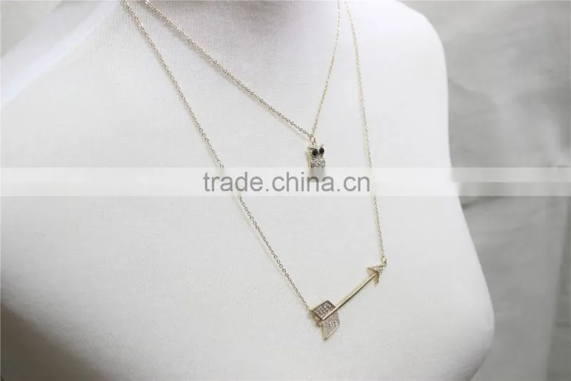 Gold Double Layered w/ Rhinestone Owl & Sparkle Arrow Pendant Necklace 2016 Fashion Style Wholesale