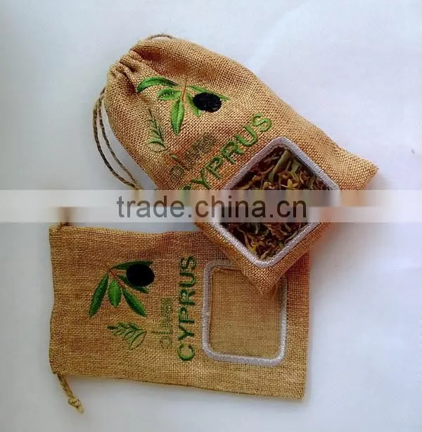 Gift soap jute bags with PVC window and customized design emboridery