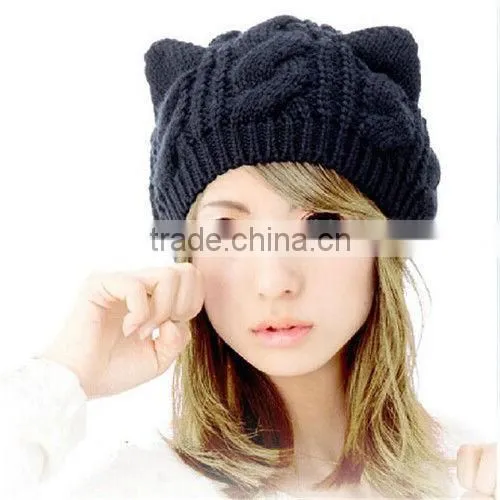 1x Braided Women Winter Warm Beanie Devil Horns Cat Ear Crochet Knit Ski Cap Hat