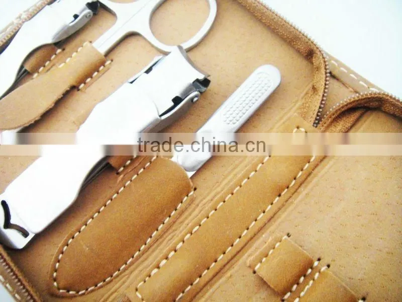 Hot! High end khaki leather case 9PCS stainless steel manicure set