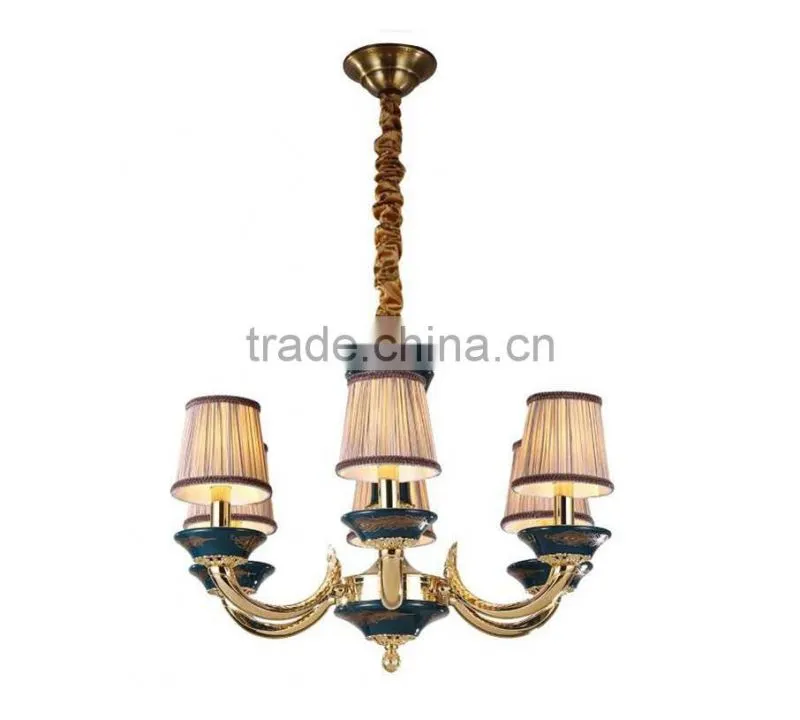 24K Gold Plating Brass 6 Light Baroque Style Chandelier for Home/Hotel/Hall, Porcelain Ceiling Lamp