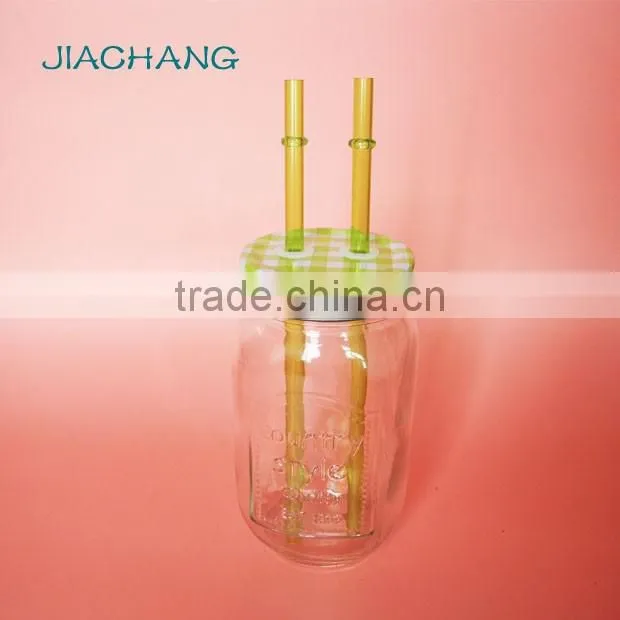drinkware transparent glass table beer jar with 2 pieces of straws