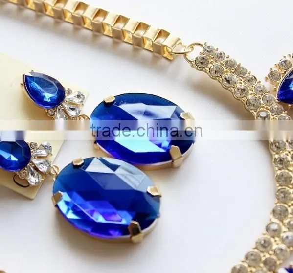 Fashion Sapphire Blue Gem Statement Necklace Earrings Set Jewelry Set