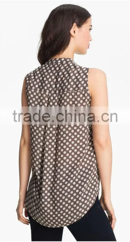 Sleeveless Dot Print Blouse with High Low Hem