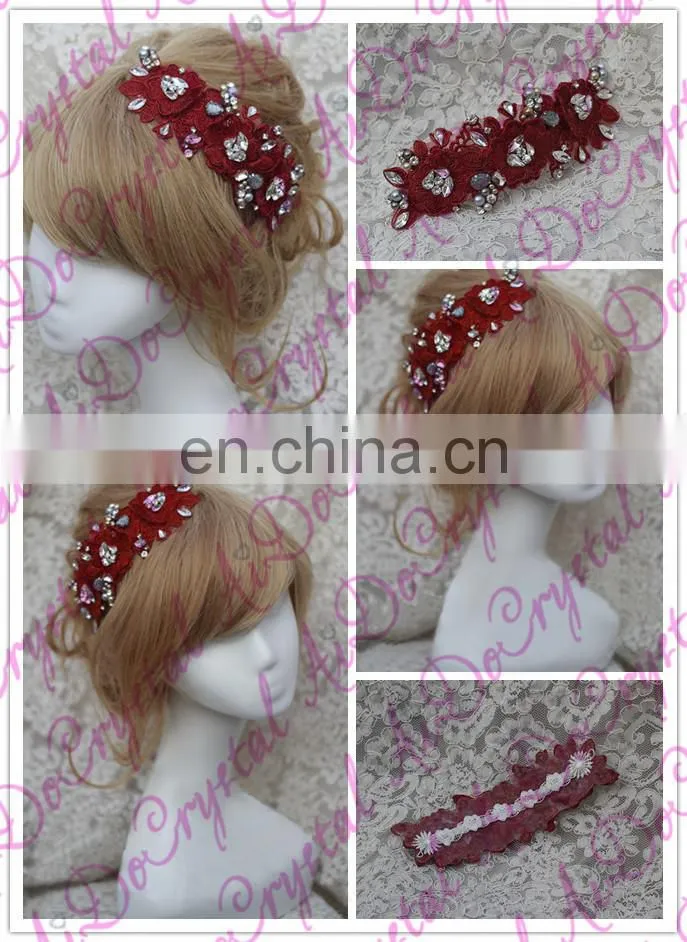 Aidocrystal Red wedding hair piece bridal headpiece handmade rhinestone lace indian flower accessories