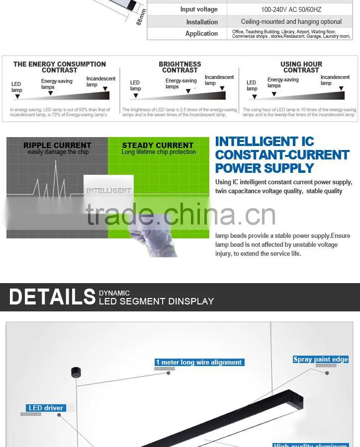 90x1200mm free stitching hanging led linear pendant light for dinning room living room