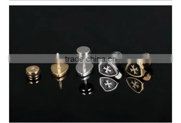 Men's titanium steel stud earrings golden shield cross mini earrings punk style design