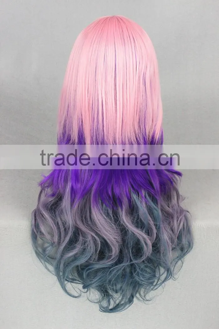 cheap beauty long 70cm colorful pink purple Gary wave cosplay Lolita women party wig