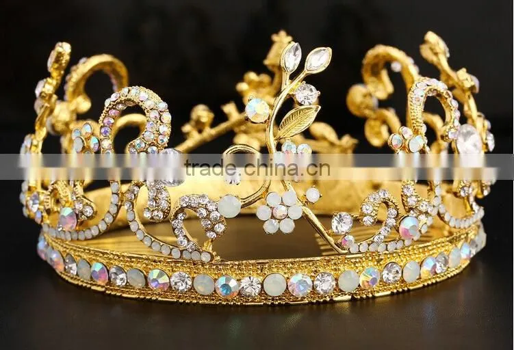 Top quality handmade bridal hair accessories luxury rhinestone crown gold plated hair accessories