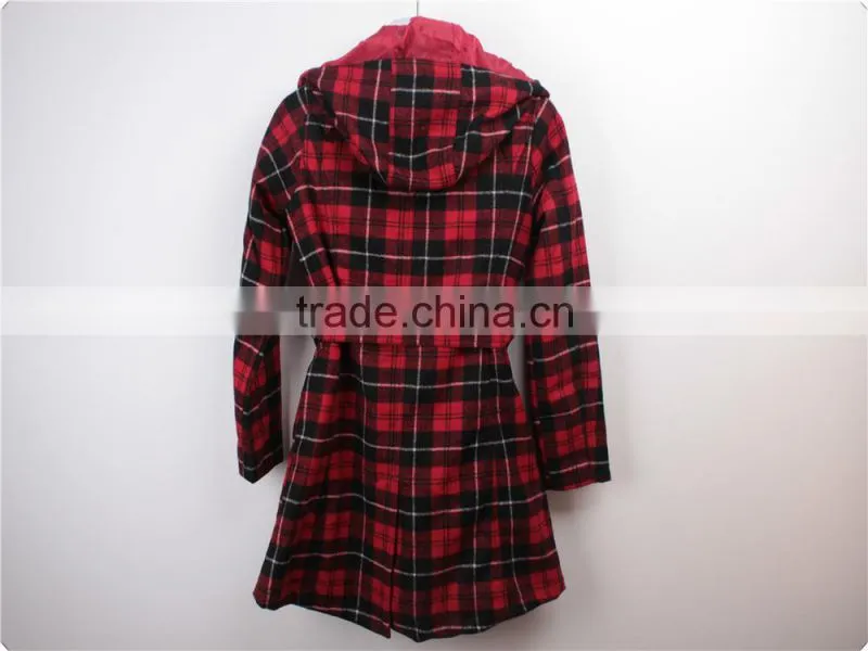 Lady's stock apparel checked melton jacket with belt