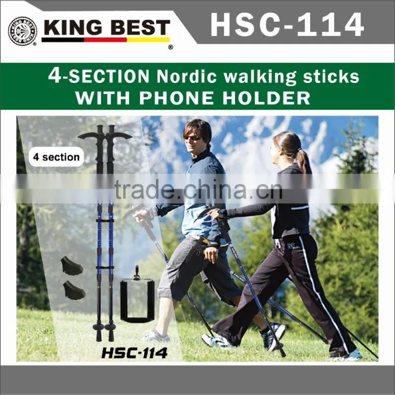 KINGBEST 2016 carbon trekking pole 4-SECTION Nordic walking sticks With Phone Holder With Compass nordic walking stick