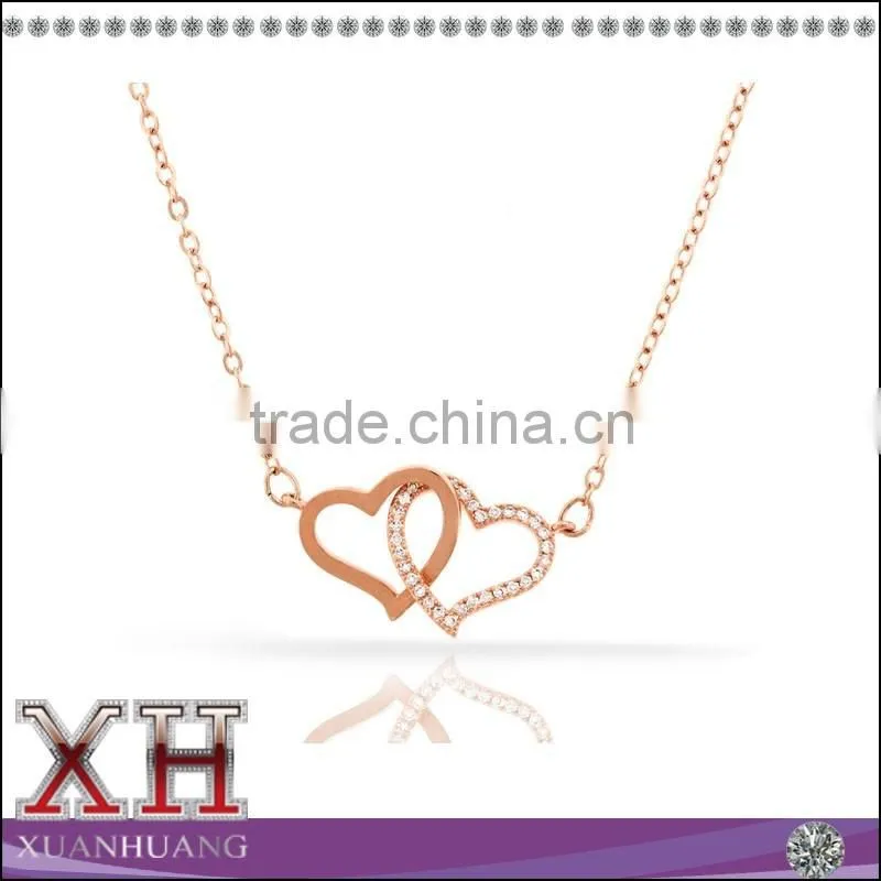 Fashion Rose Gold Plated Women Cubic Zirconia Double Heart Necklace