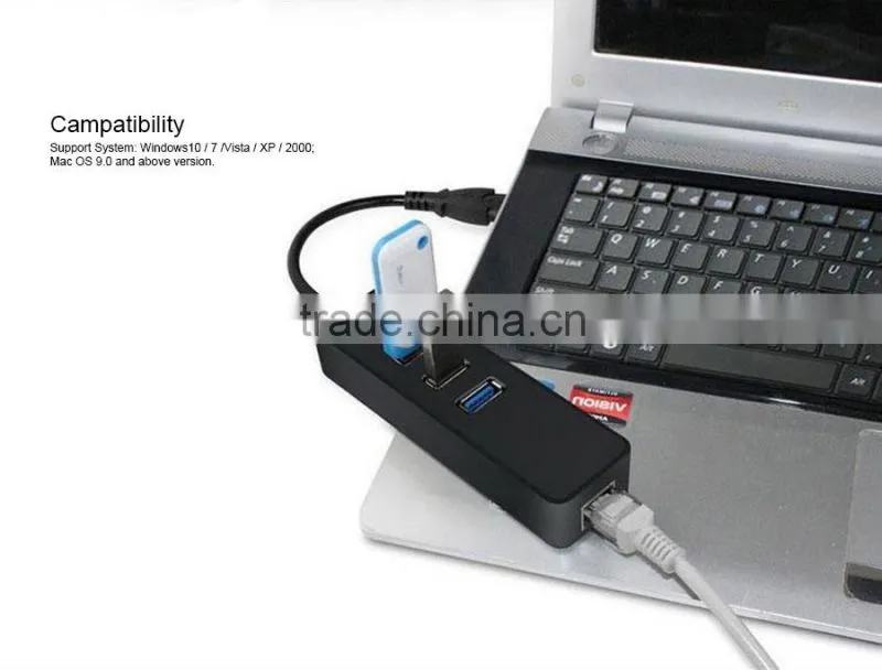 New Plastic USB 3.0 3 Port ethernet hub adaptor