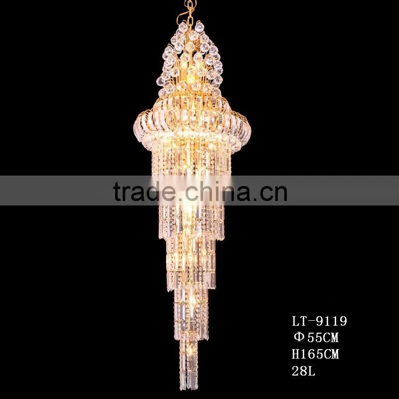 Gold LED Crystal Stair Long Chandeliers Light for Hotel