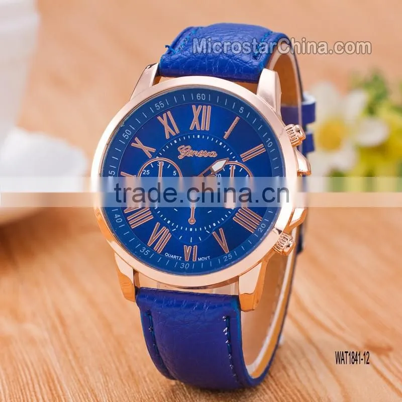 New Fashion Round 2 zones ladies cheap geneva leather watch women