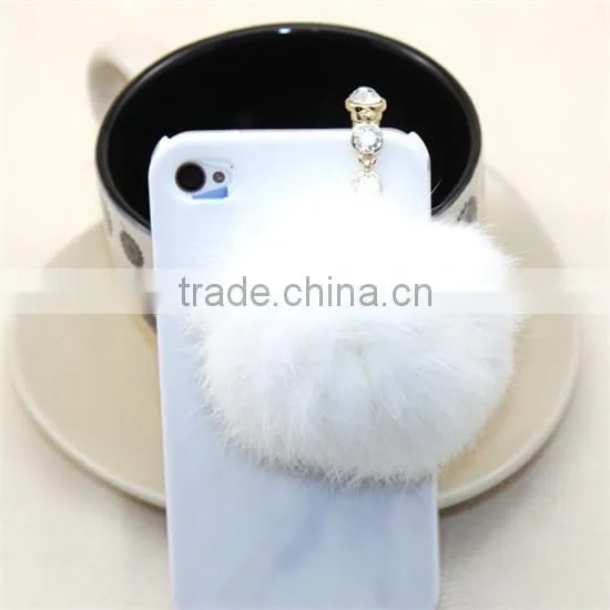 2015 wholesale Fashion Sparkling Diamond 3.5mm crown Dustproof Plug for mobile phone,Pearl rabbit hair ball dustproof plug