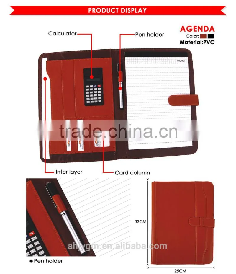 New Design 33*25cm Black/Brown Color PVC& Oxford Agenda/Note Book.