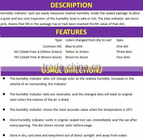 blue to pink moisture sensitive indicator card