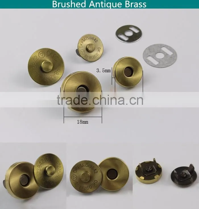 Brushed antique brass bags magnetic snap 18 mm diameter