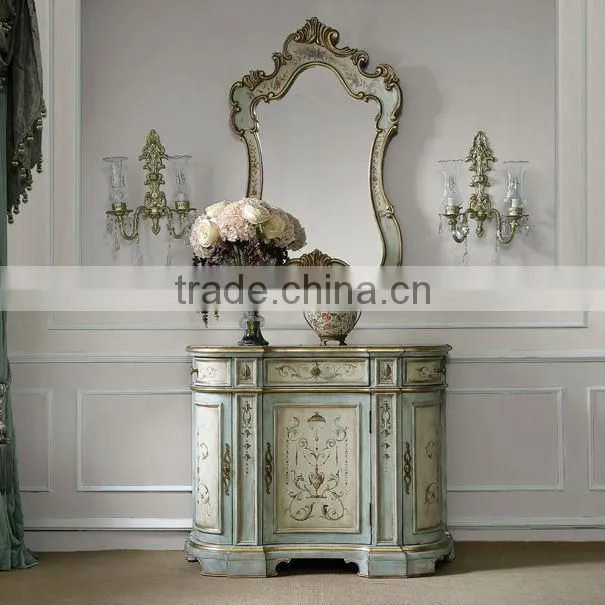 Hand Painted Classic Chest Of Drawers, Antique Living Room Cabinet With Veneer Top, Exquisite Wood Carved Curio Sideboard