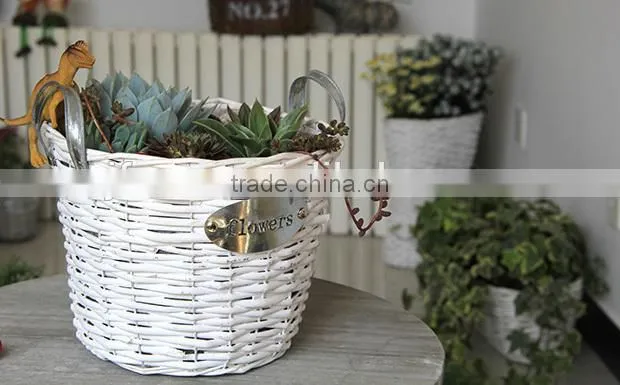 Handcrafts round white wicker baskets for plants white handles