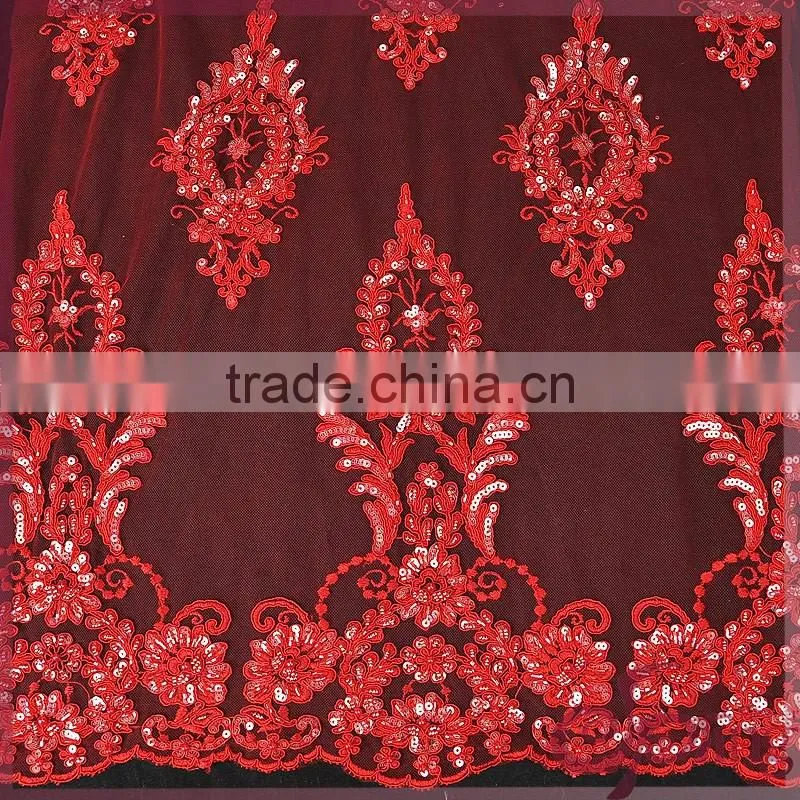 Red floral tulle embroidery with cord lace,sparkle beaded sequin lace fabric for wedding