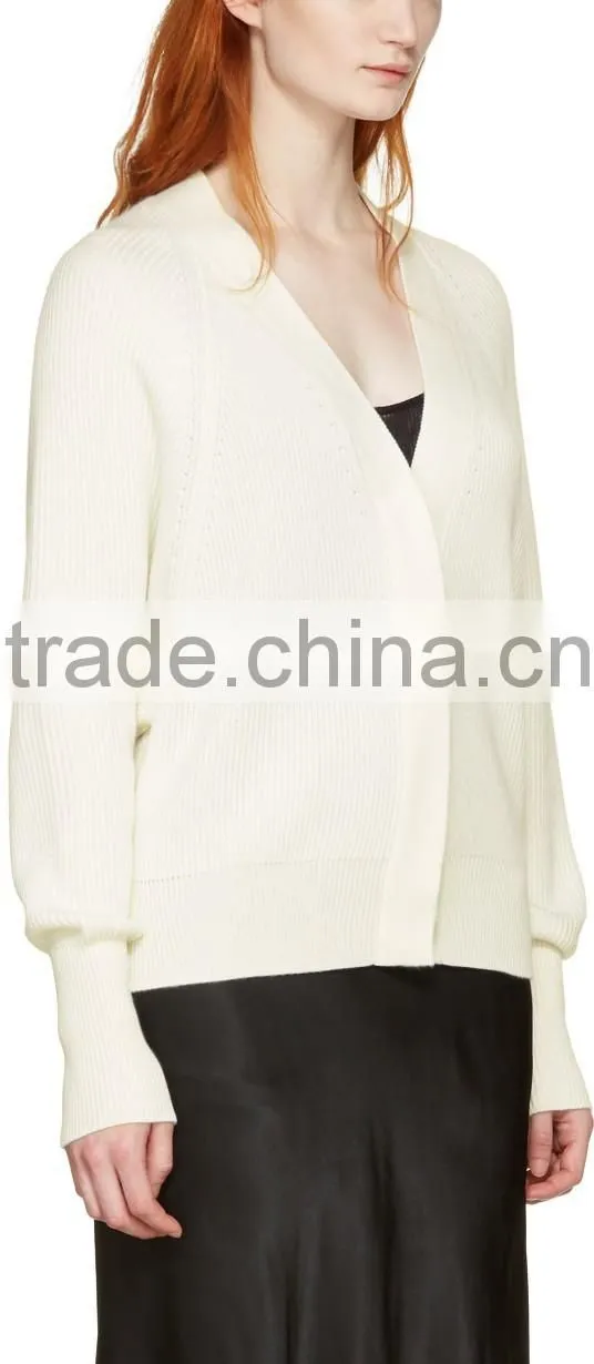 Raglan Sleeve Y-Neck Collared Ivory White Rib Knit Cashmere Cardigan for Women