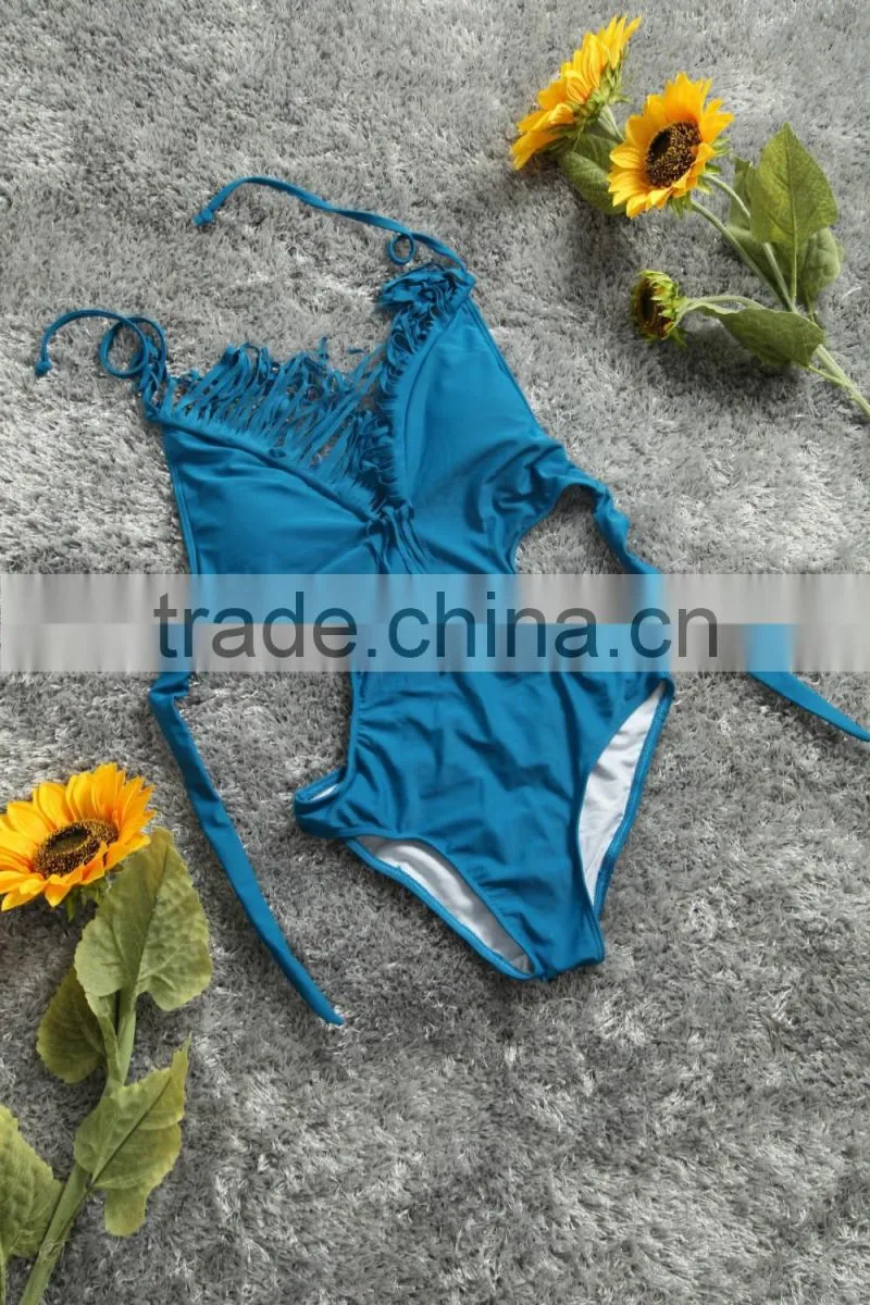 Sexy tassel solid color piece swimsuit plain V-neck tassel bikini swimsuit