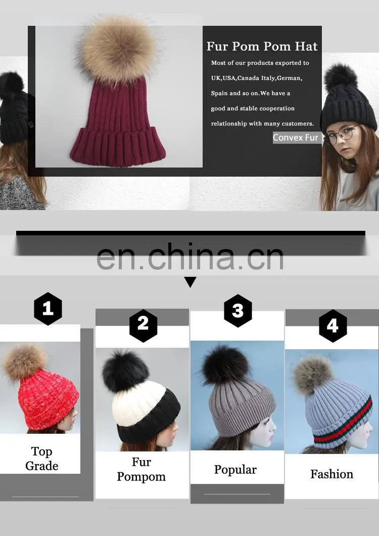Popular women men beanie hats fur poms hats fur bobble hats wholesale pom poms hats with genuine fur ball
