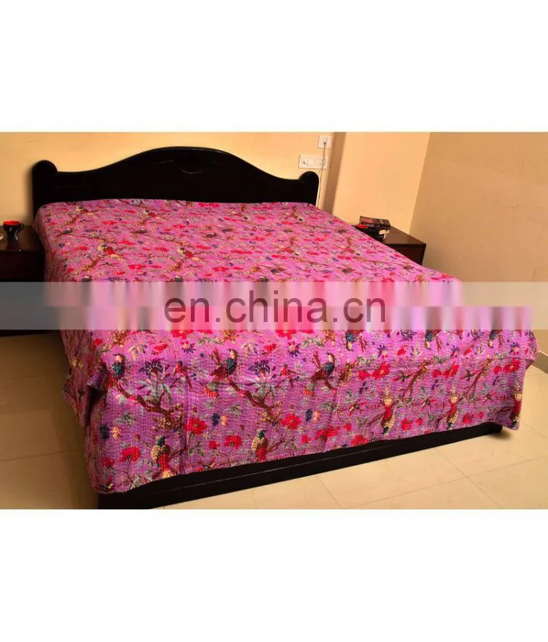 Indian Handmade Bird of Paradise Kantha Quilt Queen Size Reversible Throw Ralli