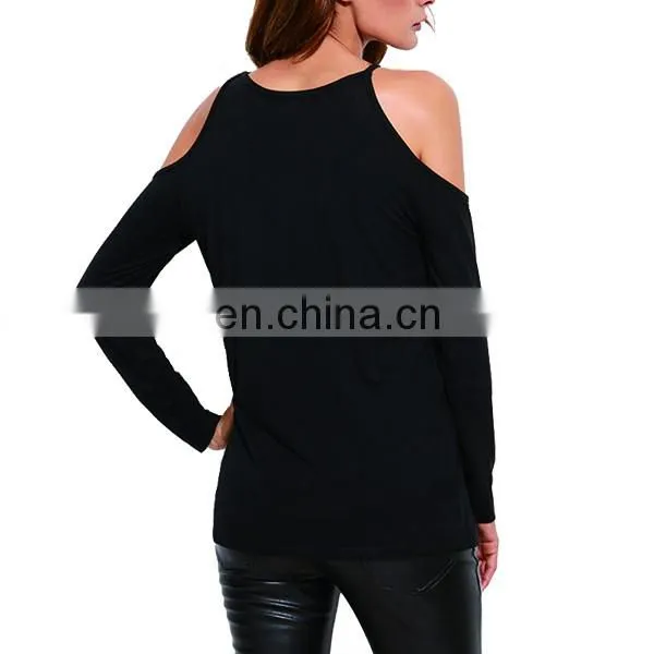 Black Lace Up Women T-shirts Wholesale Cold Shoulder Fashion Tops