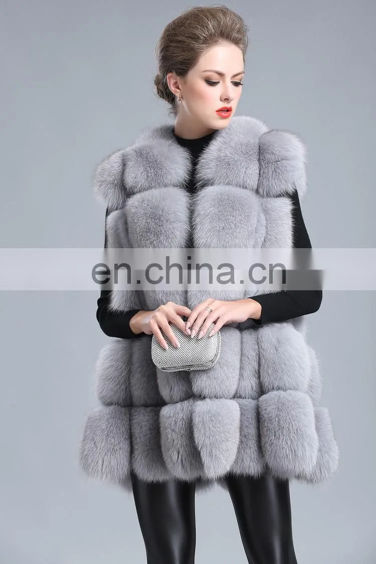 2015 New Style Whole Leather Real Fox Fur Hood Long Style Vest Girl Gilet Beautiful Women Vest