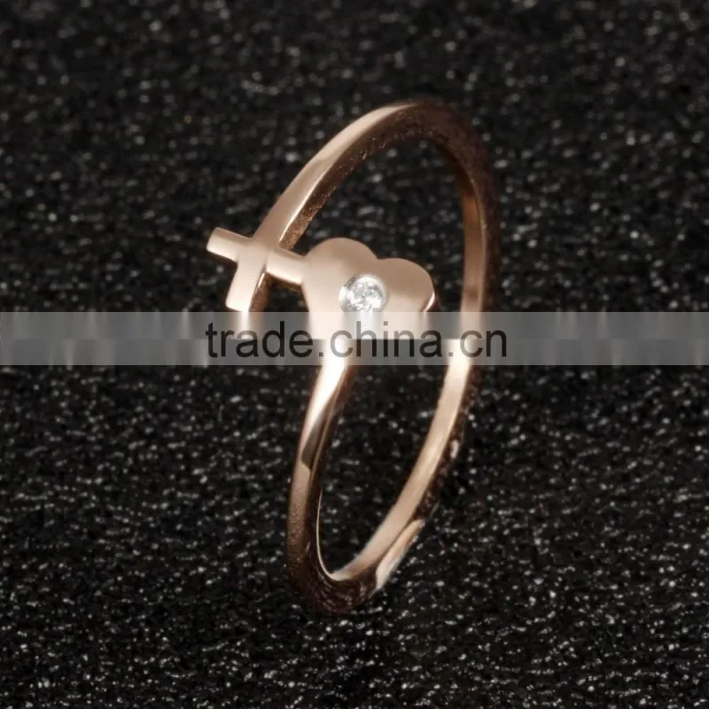 new product 2017 fashion 18K rose gold plated elegant ring woman with heart and cross