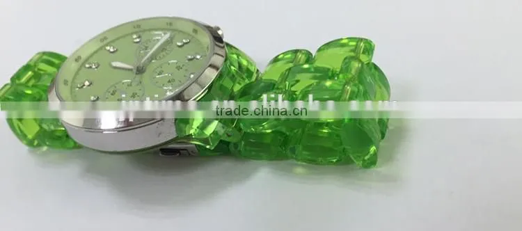screws stainless steel case back Transparent fashion cheap plastic watch green vogue lady watch