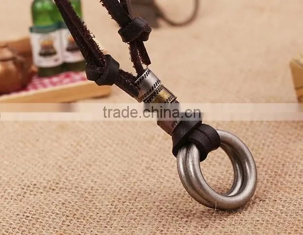 Original Genuine Brown Leather Cord Double Alloy Circle Pendant Punk Jewelry Men Necklace