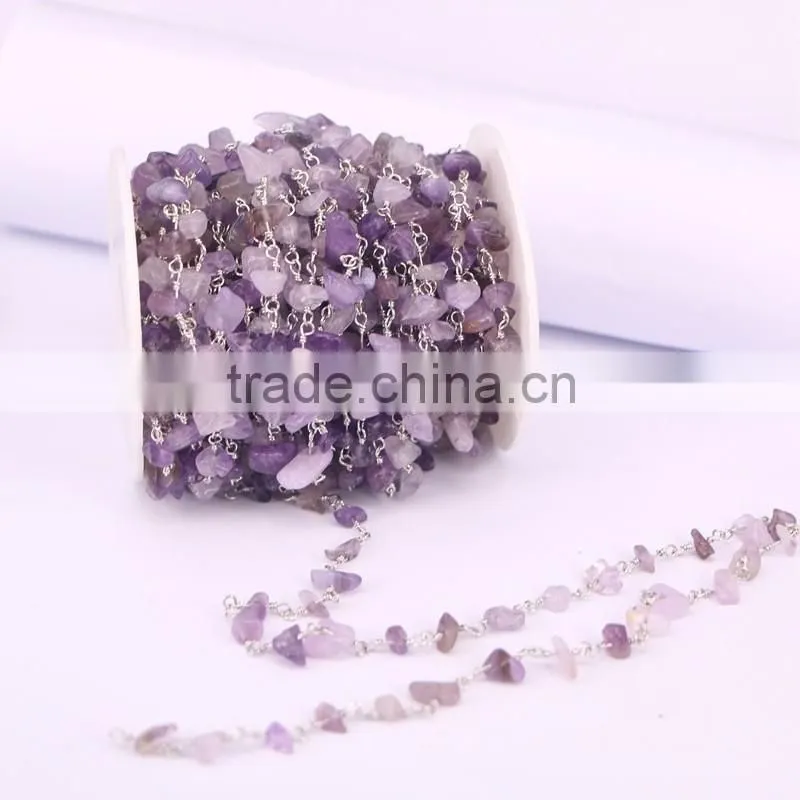 Fashion Rosary Chain Smoky Quartz Chips Beads free form Chains Silver plated Wire Wrapped Chain