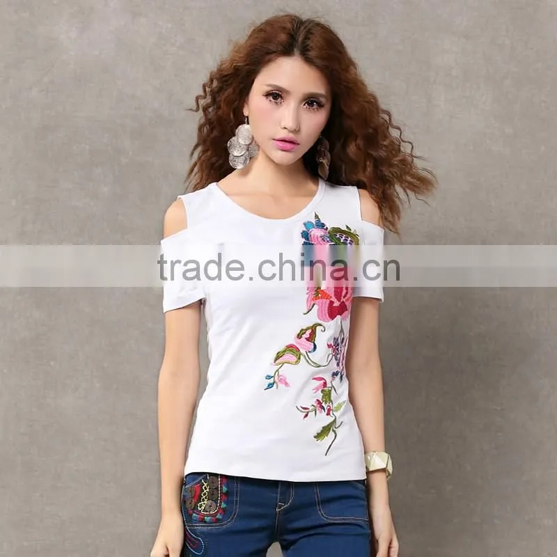2016 Fashon lady embroidery pattern t shirts casual women t shirts cotton