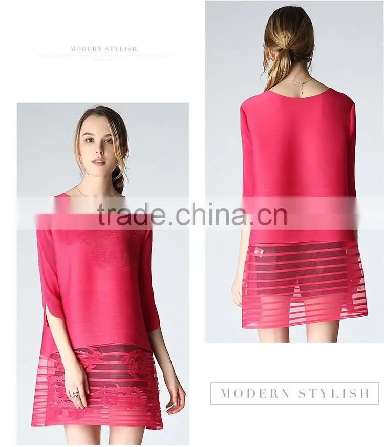 Woman pleat round neck flower splicing loose dresses wholesale